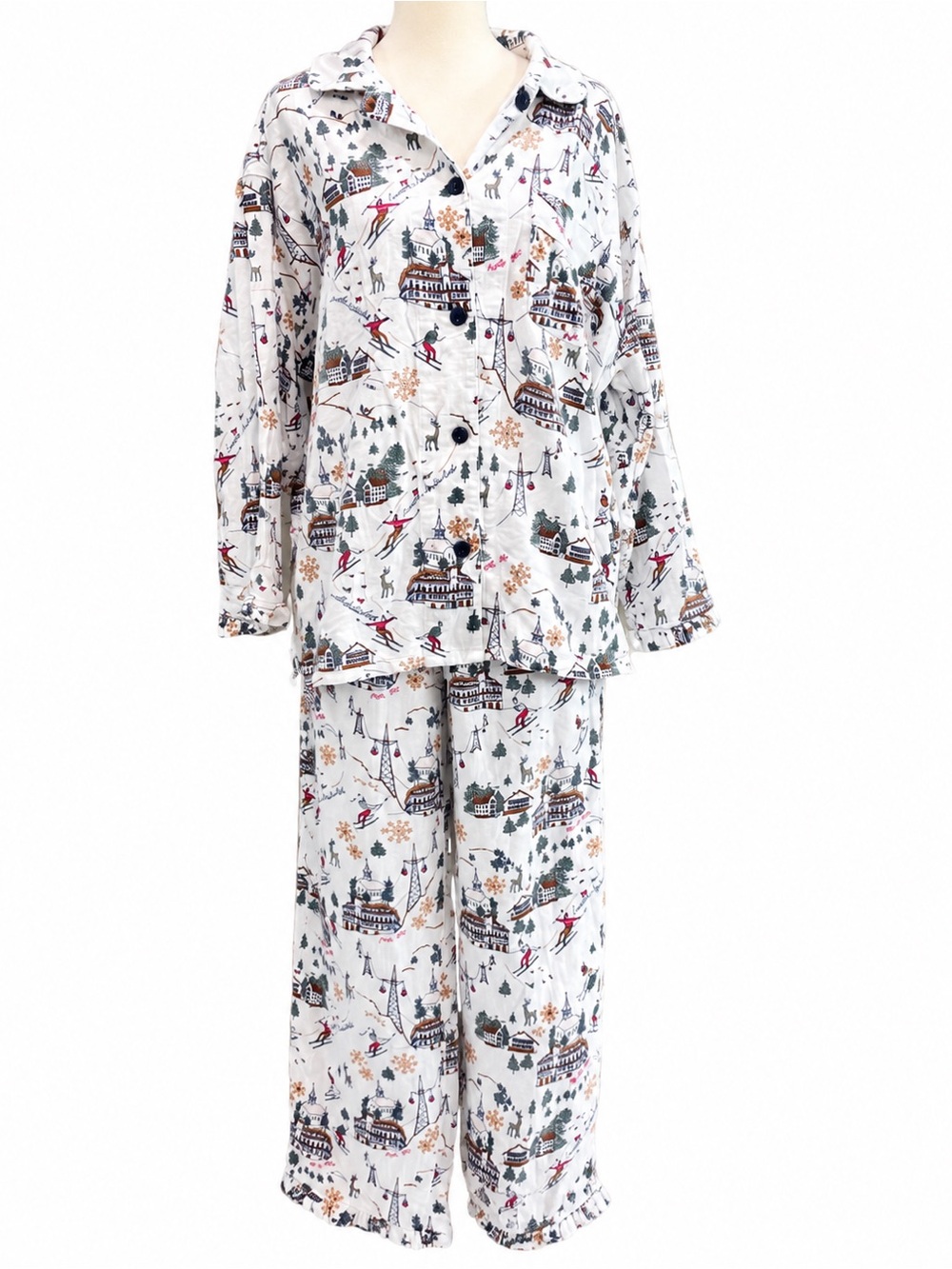 Sleep Sense Portuguese 100% Cotton Flannel White Winter Village Pajama Set M